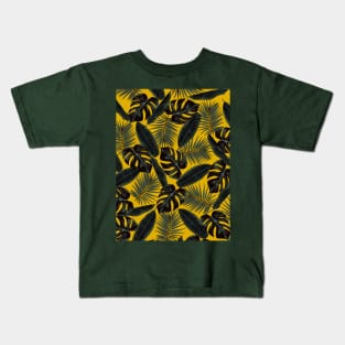 Tropical Black Green Leaves Pattern on Mustard Yellow Kids T-Shirt